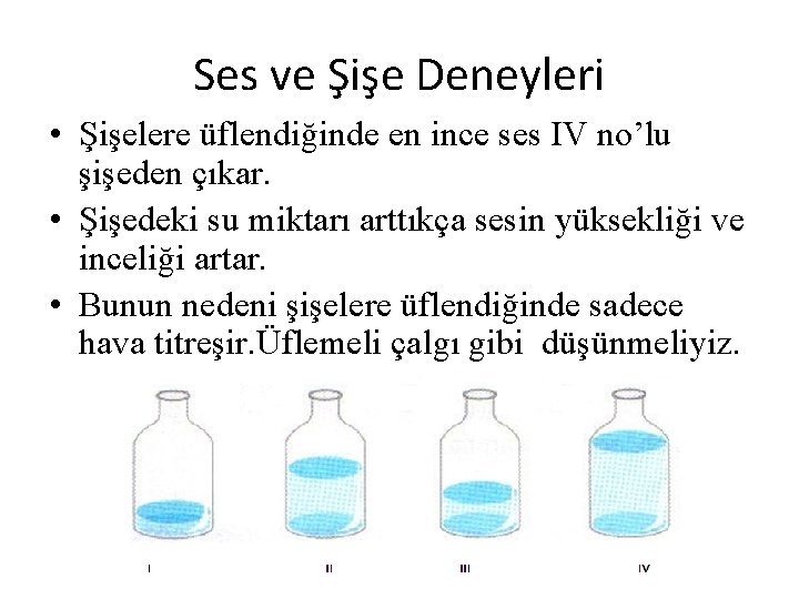 Ses ve Şişe Deneyleri • Şişelere üflendiğinde en ince ses IV no’lu şişeden çıkar. Ses ve Şişe Deneyleri • Şişelere üflendiğinde en ince ses IV no’lu şişeden çıkar.