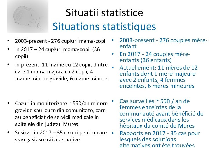 Situatii statistice Situations statistiques • 2003 -prezent - 276 cupluri mama-copii • 2003 -présent