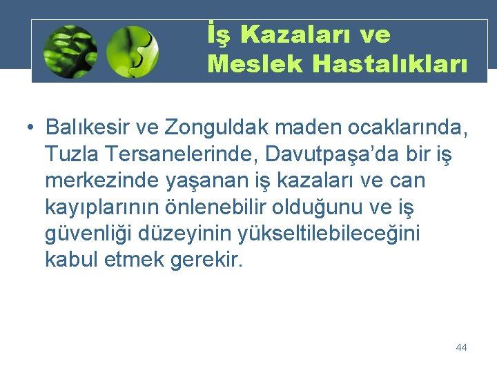 İş Kazaları ve Meslek Hastalıkları • Balıkesir ve Zonguldak maden ocaklarında, Tuzla Tersanelerinde, Davutpaşa’da