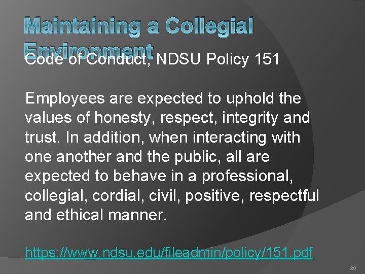 Maintaining a Collegial Environment Code of Conduct, NDSU Policy 151 Employees are expected to