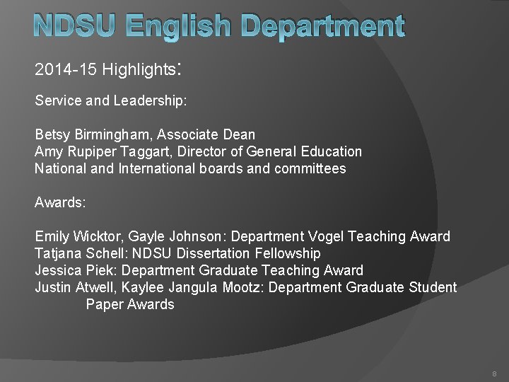 NDSU English Department 2014 -15 Highlights: Service and Leadership: Betsy Birmingham, Associate Dean Amy