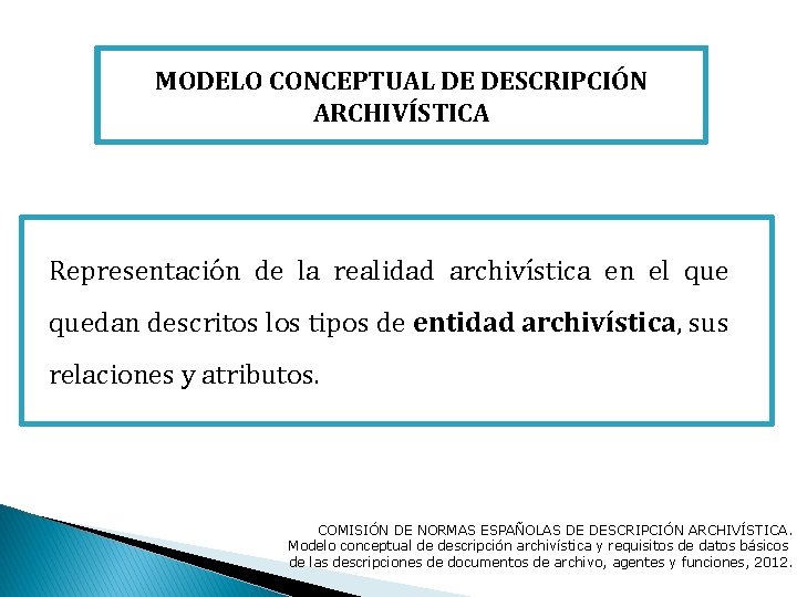 MODELO CONCEPTUAL DE DESCRIPCIÓN ARCHIVÍSTICA Representación de la realidad archivística en el quedan descritos