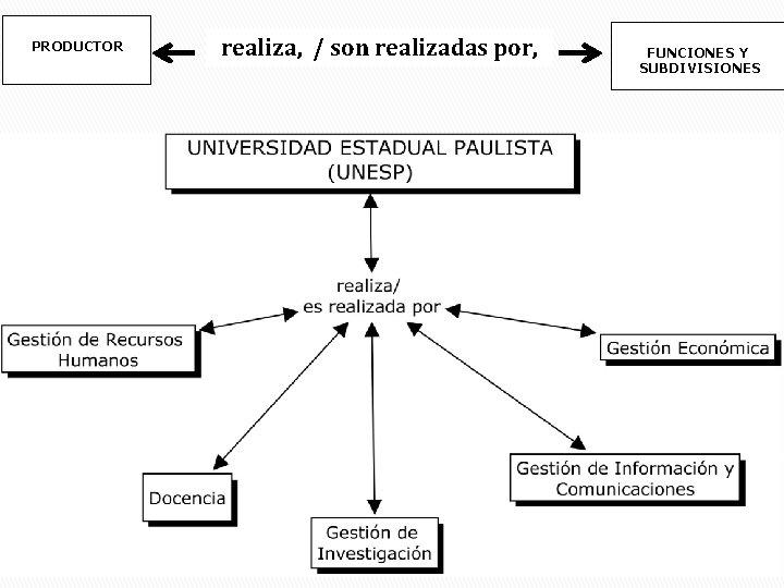 PRODUCTOR realiza, / son realizadas por, FUNCIONES Y SUBDIVISIONES 