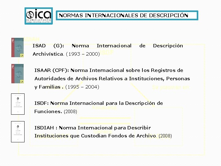 NORMAS INTERNACIONALES DE DESCRIPCIÓN ISDIAH ISAD (G): Norma Internacional de Descripción Archivística. (1993 –