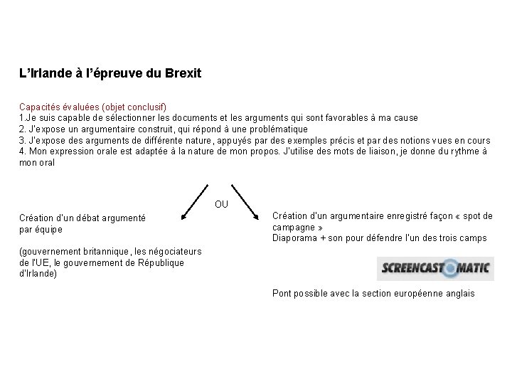 L’Irlande à l’épreuve du Brexit Capacités évaluées (objet conclusif) 1. Je suis capable de