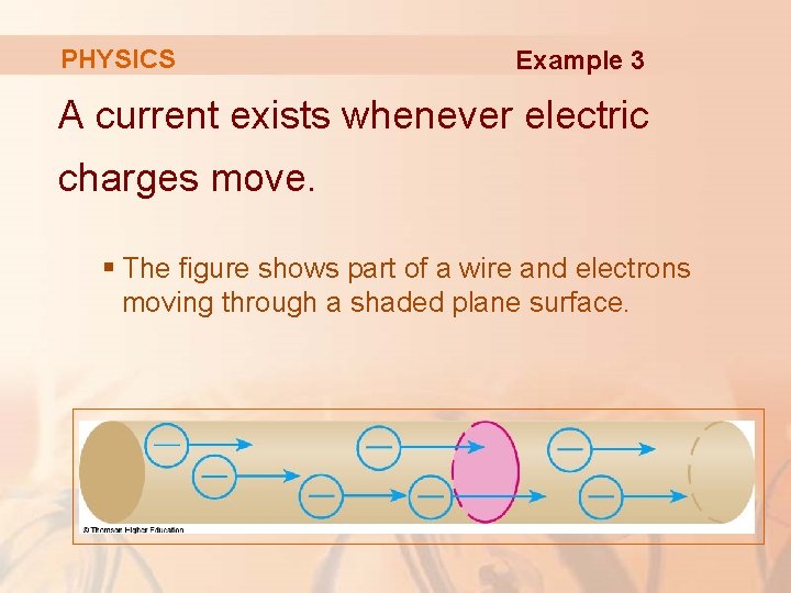 PHYSICS Example 3 A current exists whenever electric charges move. § The figure shows