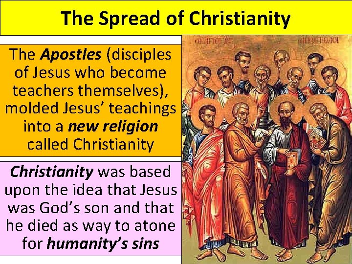 The Spread of Christianity The Apostles (disciples of Jesus who become teachers themselves), molded