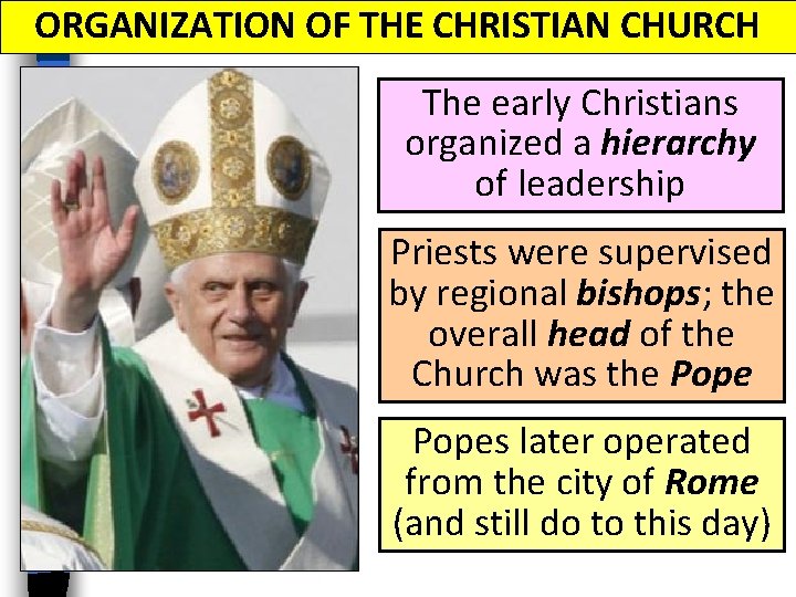 ORGANIZATION OF THE CHRISTIAN CHURCH The early Christians organized a hierarchy of leadership Priests