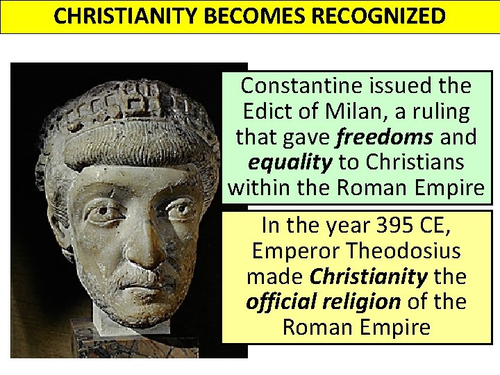 CHRISTIANITY BECOMES RECOGNIZED Constantine issued the Edict of Milan, a ruling that gave freedoms