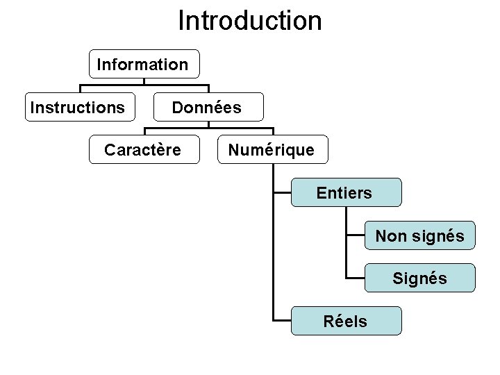 Introduction Information Instructions Données Caractère Numérique Entiers Non signés Signés Réels Introduction Information Instructions Données Caractère Numérique Entiers Non signés Signés Réels
