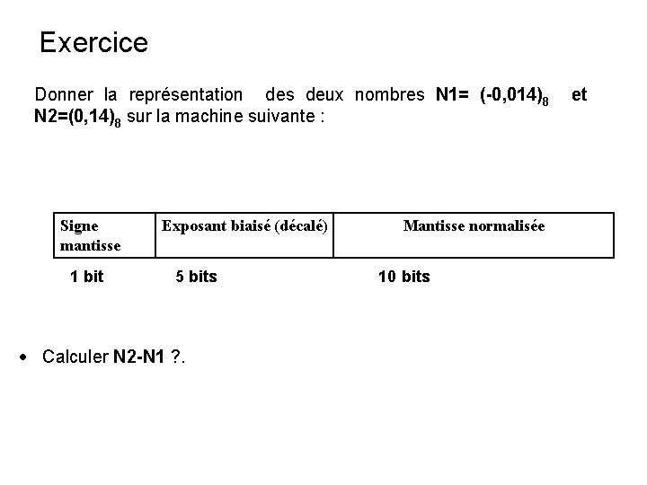 Exercice Donner la représentation des deux nombres N 1= (-0, 014)8 N 2=(0, 14)8 Exercice Donner la représentation des deux nombres N 1= (-0, 014)8 N 2=(0, 14)8