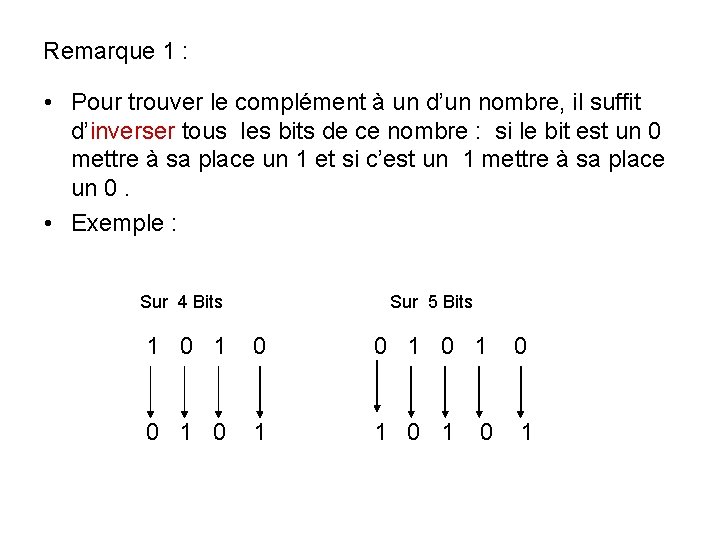 Remarque 1 : • Pour trouver le complément à un d’un nombre, il suffit Remarque 1 : • Pour trouver le complément à un d’un nombre, il suffit