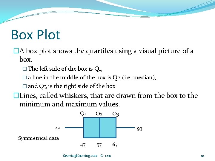 Box Plot �A box plot shows the quartiles using a visual picture of a