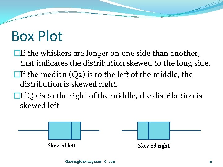 Box Plot �If the whiskers are longer on one side than another, that indicates