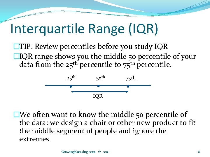 Interquartile Range (IQR) �TIP: Review percentiles before you study IQR �IQR range shows you