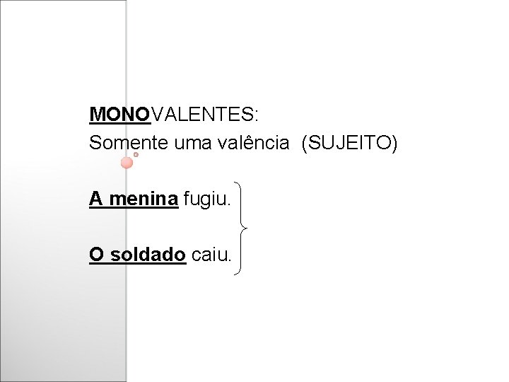 MONOVALENTES: Somente uma valência (SUJEITO) A menina fugiu. O soldado caiu. 