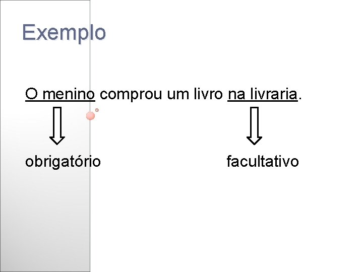 Exemplo O menino comprou um livro na livraria. obrigatório facultativo 