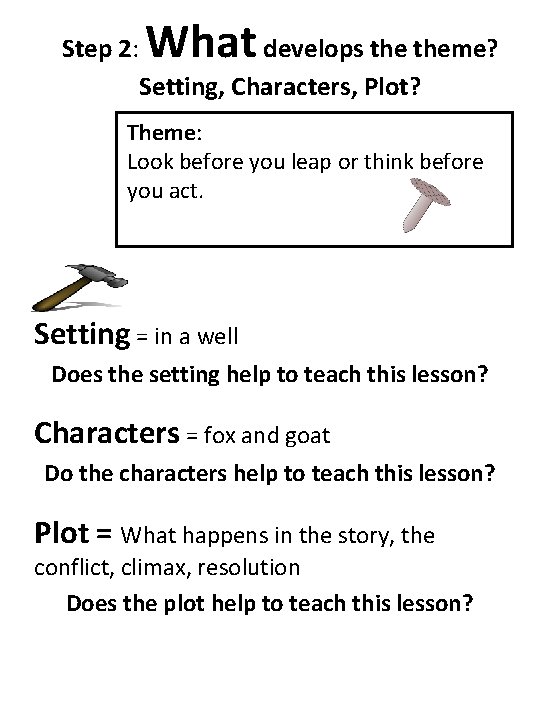 Step 2: What develops theme? Setting, Characters, Plot? Theme: Look before you leap or
