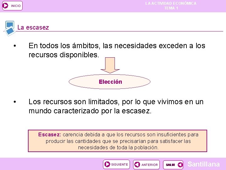 LA ACTIVIDAD ECONÓMICA TEMA 1 INICIO La escasez • En todos los ámbitos, las