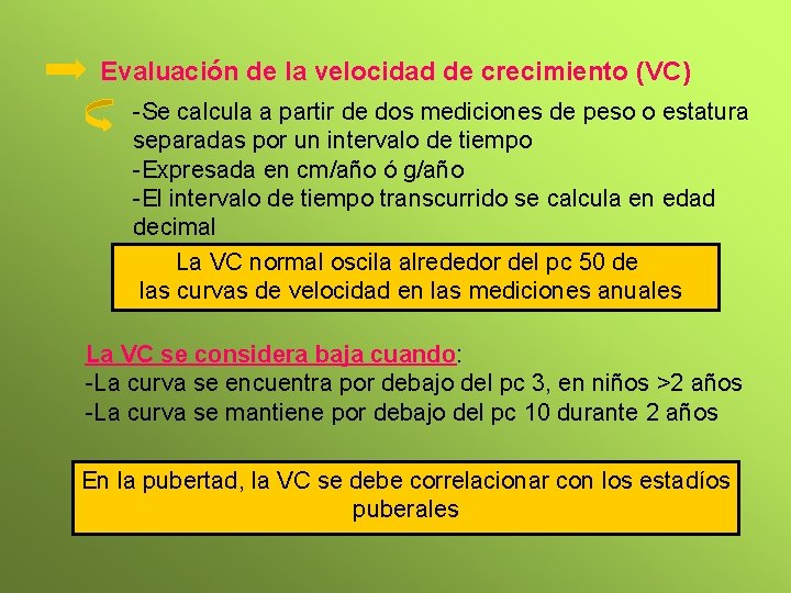 Evaluación de la velocidad de crecimiento (VC) -Se calcula a partir de dos mediciones