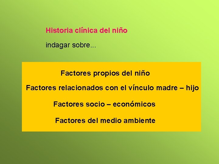 Historia clínica del niño indagar sobre. . . Factores propios del niño Factores relacionados