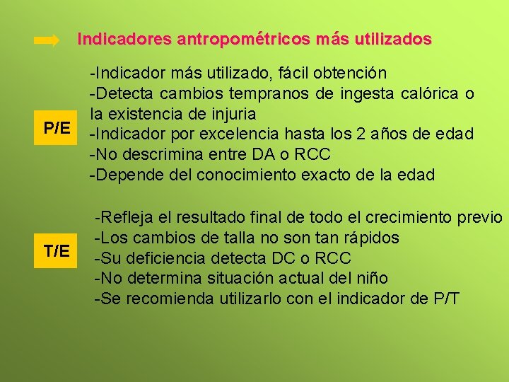 Indicadores antropométricos más utilizados P/E T/E -Indicador más utilizado, fácil obtención -Detecta cambios tempranos