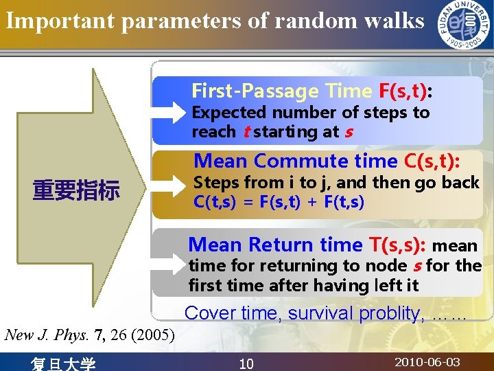 Important parameters of random walks First-Passage Time F(s, t): Expected number of steps to