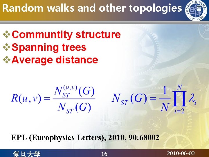 Random walks and other topologies v. Communtity structure v. Spanning trees v. Average distance