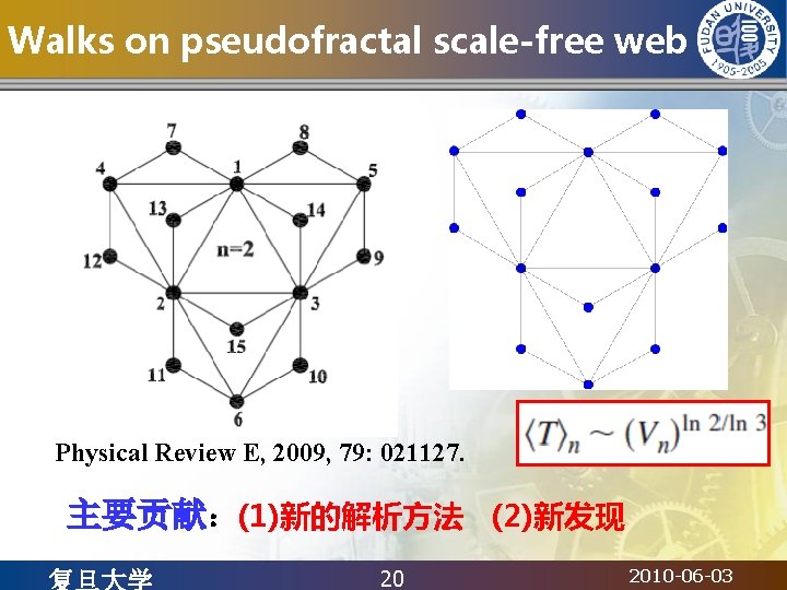 Walks on pseudofractal scale-free web Physical Review E, 2009, 79: 021127. 主要贡献：(1)新的解析方法 (2)新发现 20