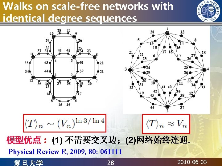 Walks on scale-free networks with identical degree sequences 模型优点： (1) 不需要交叉边；(2)网络始终连通. Physical Review E,