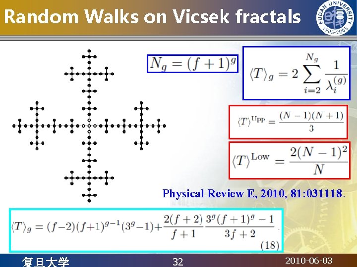 Random Walks on Vicsek fractals Physical Review E, 2010, 81: 031118. 32 2010 -06
