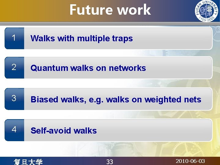 Future work 1 Walks with multiple traps 2 Quantum walks on networks 3 Biased