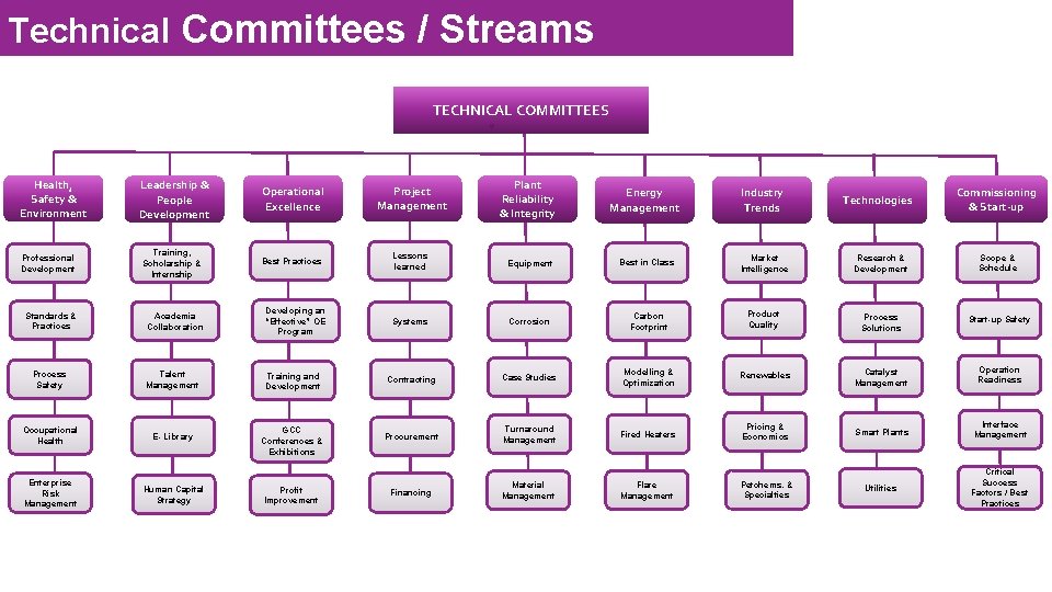 Technical Committees / Streams TECHNICAL COMMITTEES Health, Safety & Environment Leadership & People Development Technical Committees / Streams TECHNICAL COMMITTEES Health, Safety & Environment Leadership & People Development
