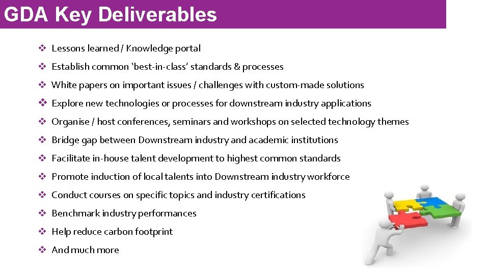 GDA Key Deliverables v Lessons learned / Knowledge portal v Establish common ‘best-in-class’ standards GDA Key Deliverables v Lessons learned / Knowledge portal v Establish common ‘best-in-class’ standards