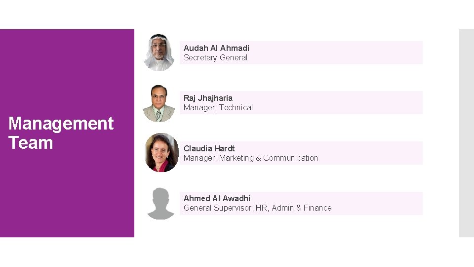 Audah Al Ahmadi Secretary General Raj Jhajharia Manager, Technical Management Team Claudia Hardt Manager, Audah Al Ahmadi Secretary General Raj Jhajharia Manager, Technical Management Team Claudia Hardt Manager,