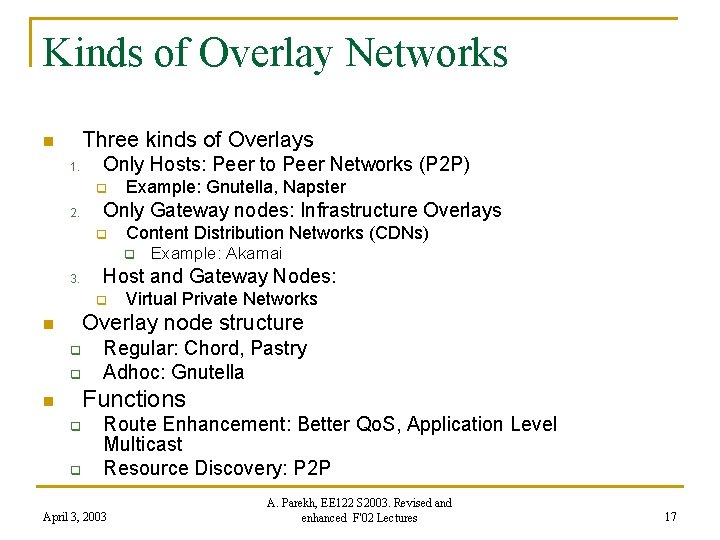 Kinds of Overlay Networks Three kinds of Overlays n 1. Only Hosts: Peer to