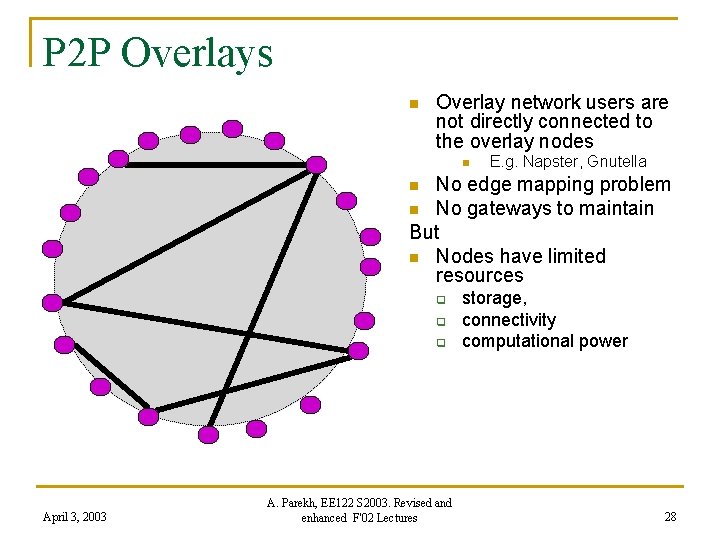 P 2 P Overlays n Overlay network users are not directly connected to the