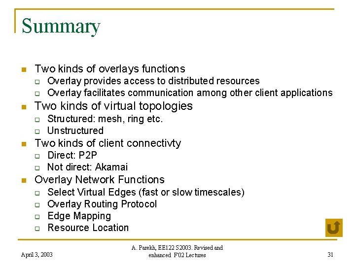 Summary n Two kinds of overlays functions q q n Two kinds of virtual