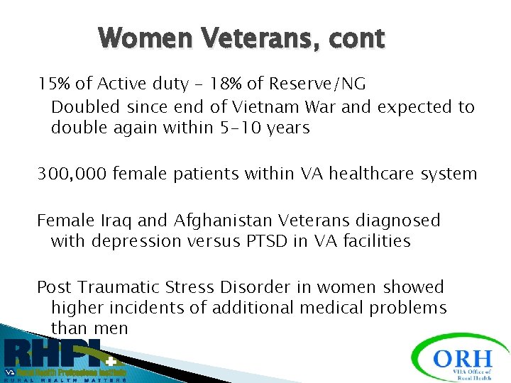 Women Veterans, cont 15% of Active duty – 18% of Reserve/NG Doubled since end