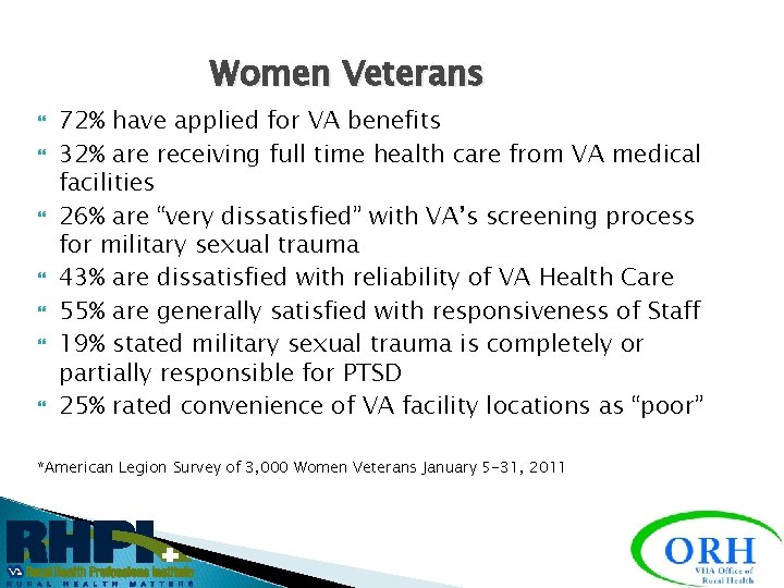 Women Veterans 72% have applied for VA benefits 32% are receiving full time health