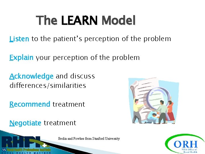 The LEARN Model Listen to the patient’s perception of the problem Explain your perception