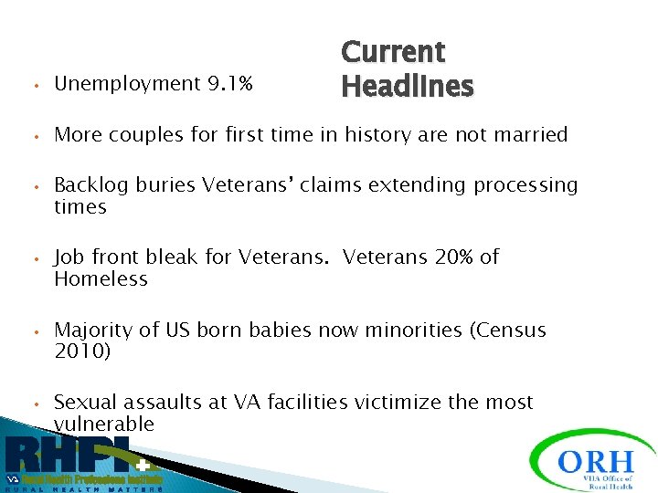 Current Headlines • Unemployment 9. 1% • More couples for first time in history