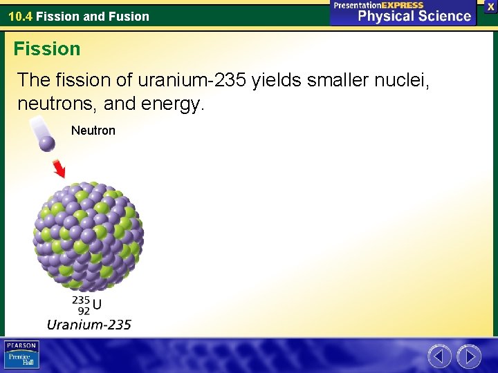 10. 4 Fission and Fusion Fission The fission of uranium-235 yields smaller nuclei, neutrons,