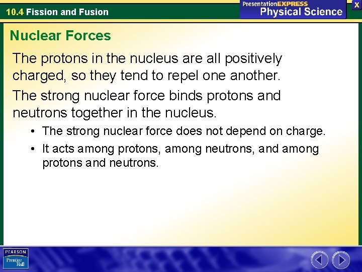 10. 4 Fission and Fusion Nuclear Forces The protons in the nucleus are all