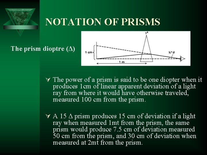 NOTATION OF PRISMS The prism dioptre (Δ) Ú The power of a prism is NOTATION OF PRISMS The prism dioptre (Δ) Ú The power of a prism is