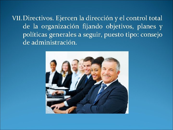 VII. Directivos. Ejercen la dirección y el control total de la organización fijando objetivos,