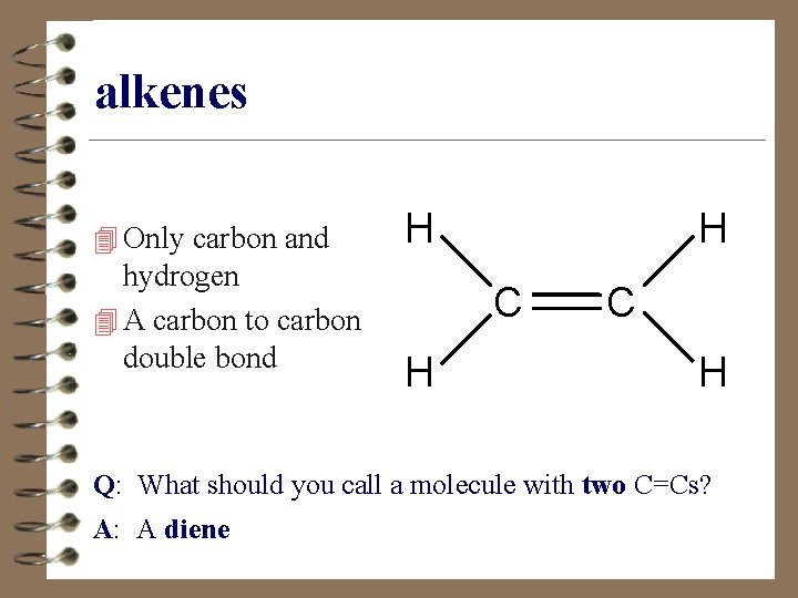 alkenes 4 Only carbon and hydrogen 4 A carbon to carbon double bond H