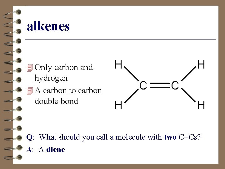 alkenes 4 Only carbon and hydrogen 4 A carbon to carbon double bond H