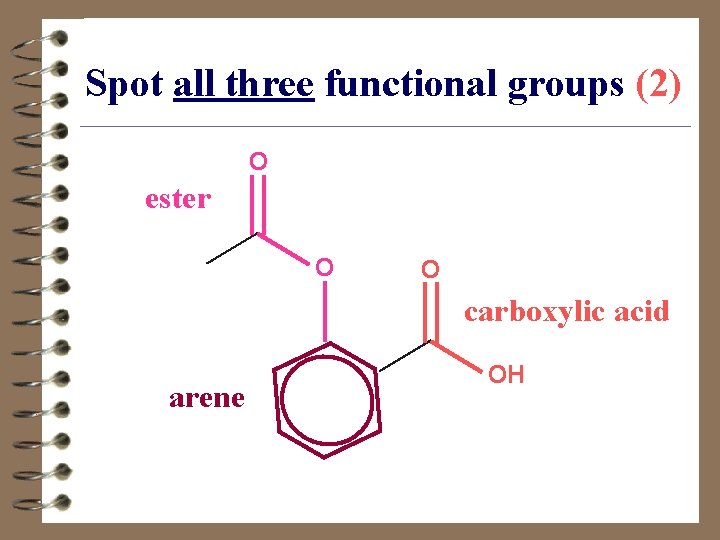 Spot all three functional groups (2) O ester O O carboxylic acid arene OH