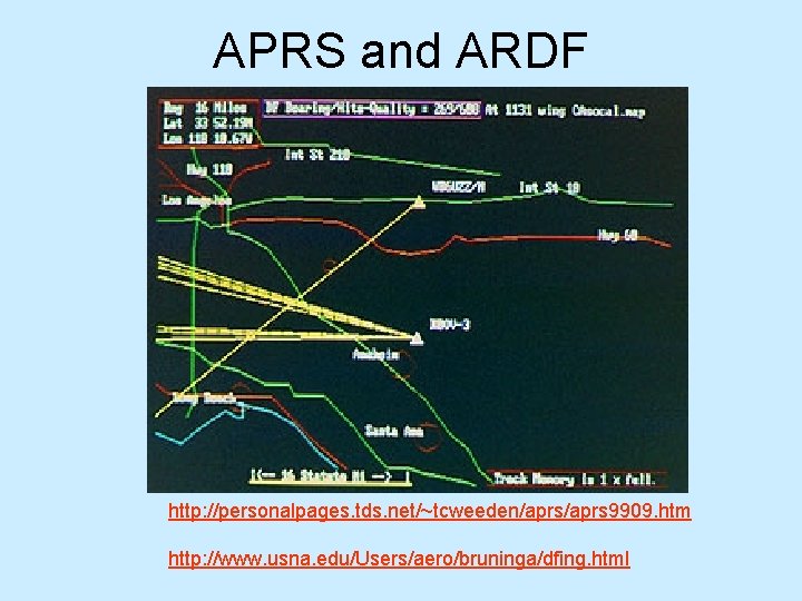 APRS and ARDF http: //personalpages. tds. net/~tcweeden/aprs 9909. htm http: //www. usna. edu/Users/aero/bruninga/dfing. html